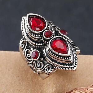 Silver Bohemian Vintage Style Ring With Red Oval Lab Stone Exaggerated